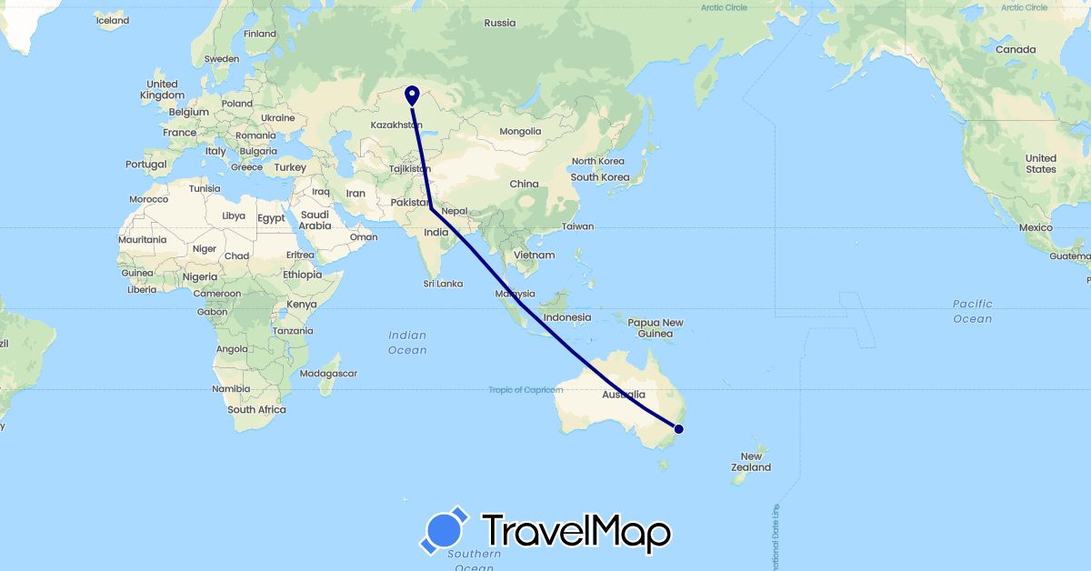 TravelMap itinerary: driving in Australia, India, Kazakhstan, Singapore (Asia, Oceania)